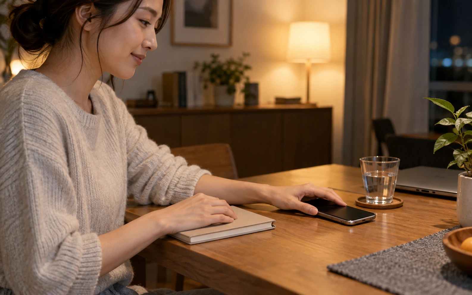 使い続けることに疲れたとき、スマートフォンを伏せて休む日本人女性