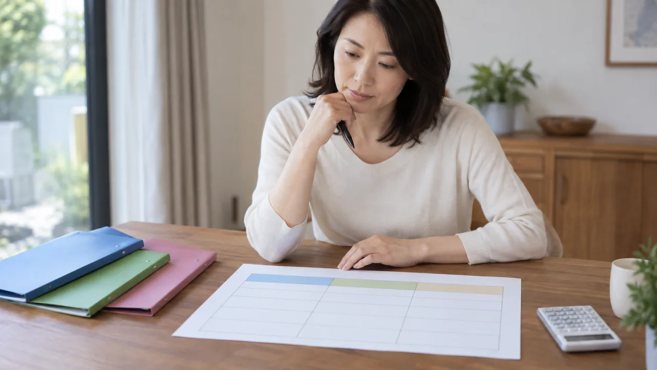 商業高校の簿記教材と検定内容を確認する日本人女性