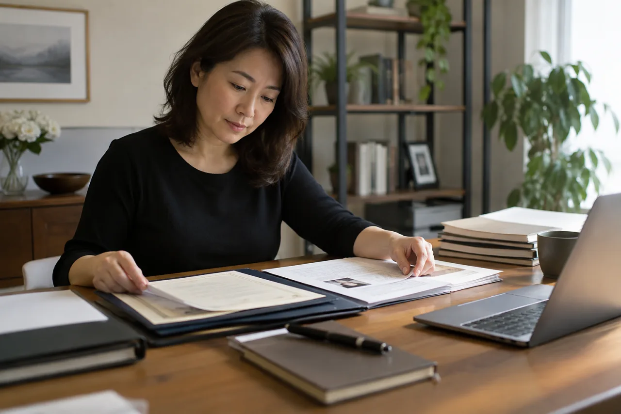 簿記検定の受験計画とキャリア目標を確認する日本人女性