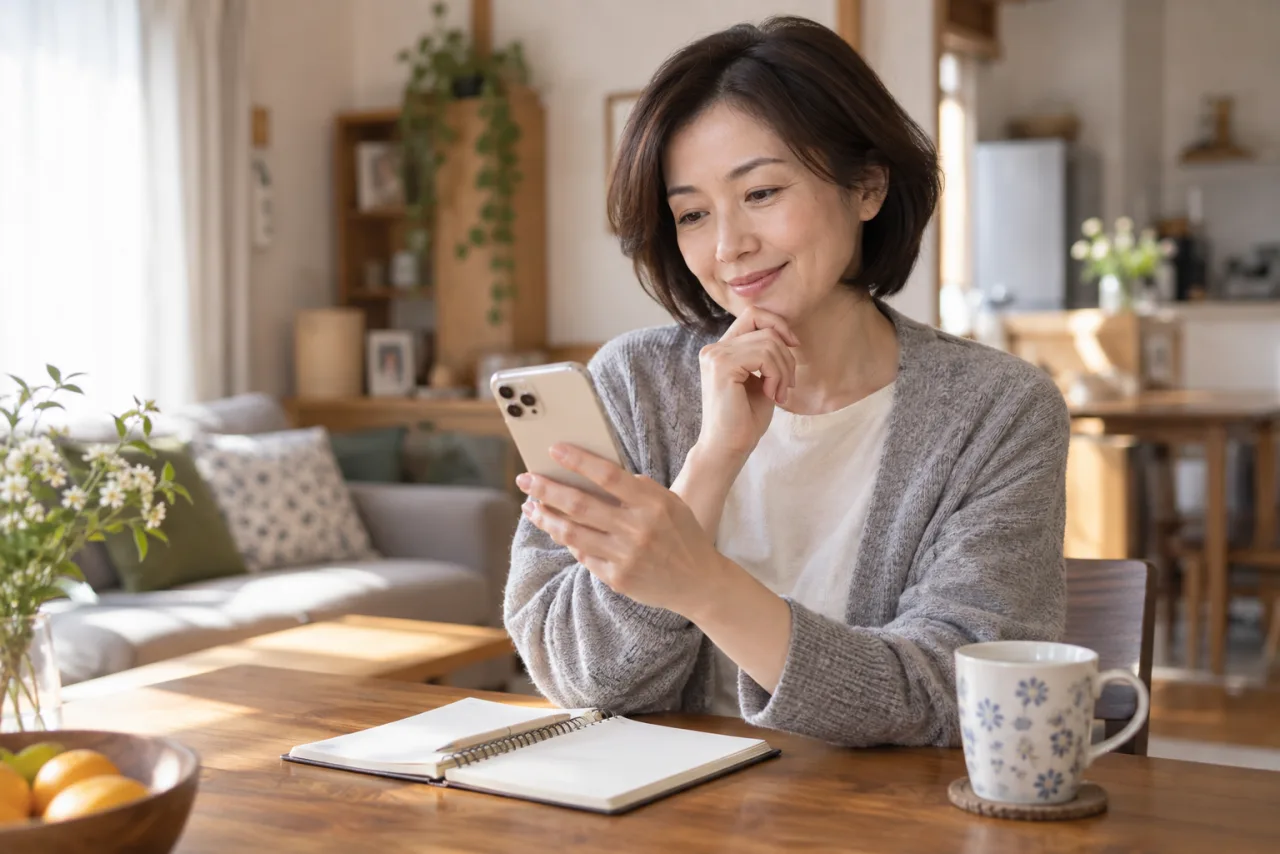 誘いのメッセージを見て予定を考える日本人女性
