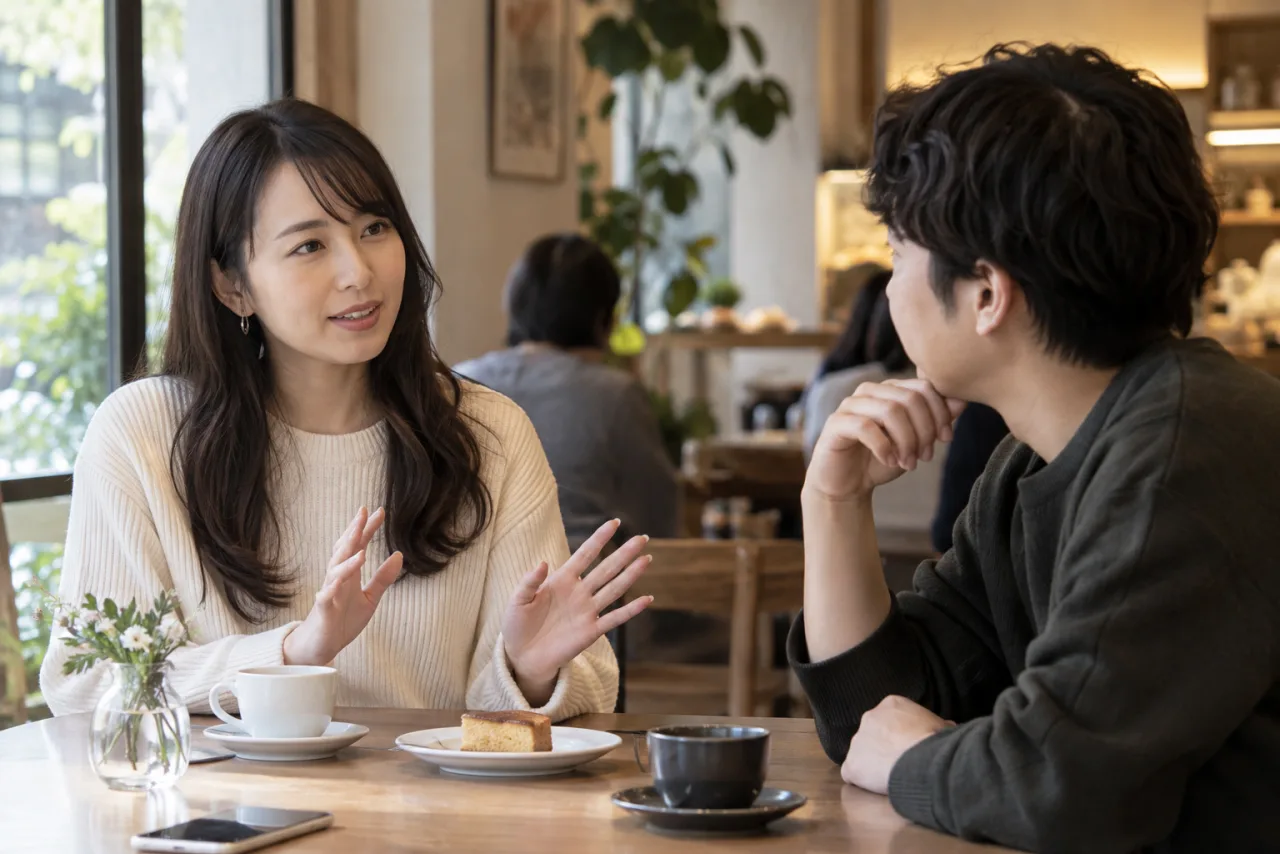 友人に丁寧に誘いを断ることを伝える日本人女性