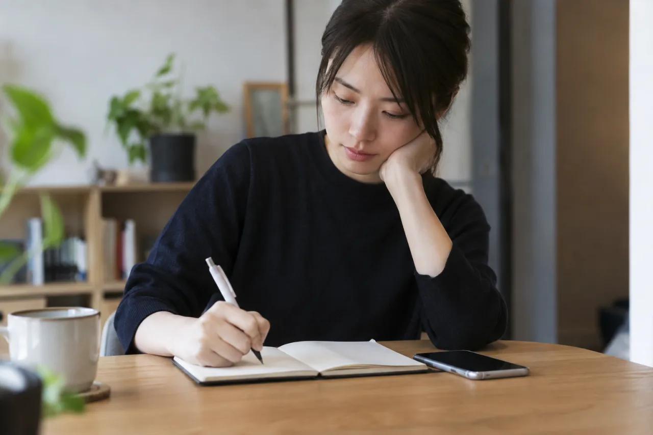 断りの言葉をノートに整理する日本人女性