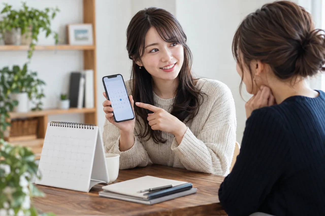 予定表を見ながら代わりの日程を提案する日本人女性