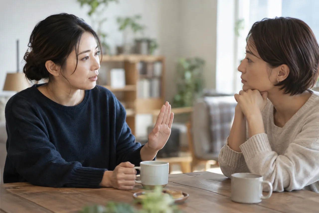 友人に参加できないと落ち着いて伝える日本人女性