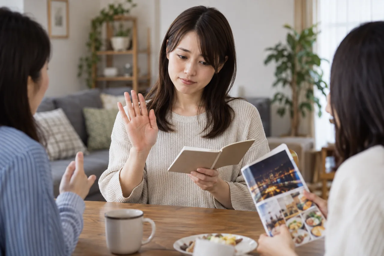 費用を確認して参加するかを判断する日本人女性