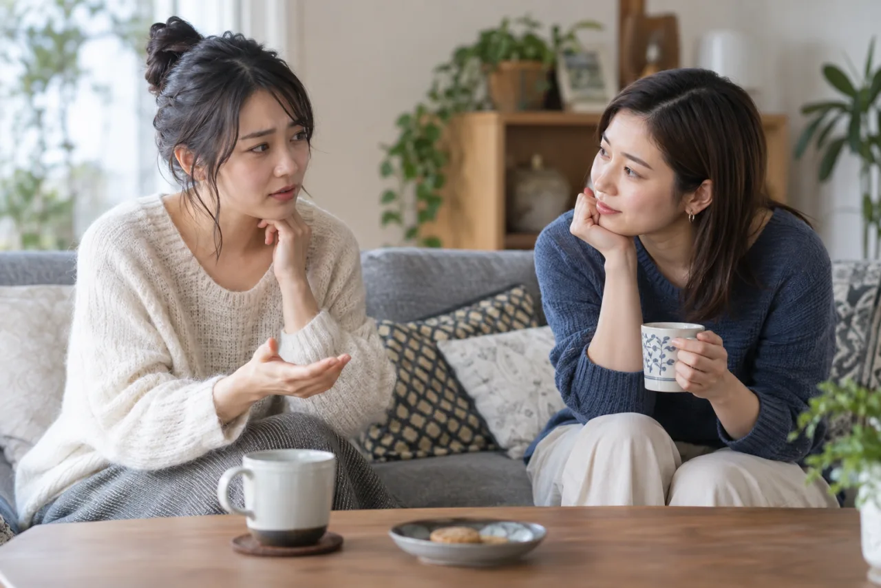 信頼できる友人に誘いの断り方を相談する日本人女性