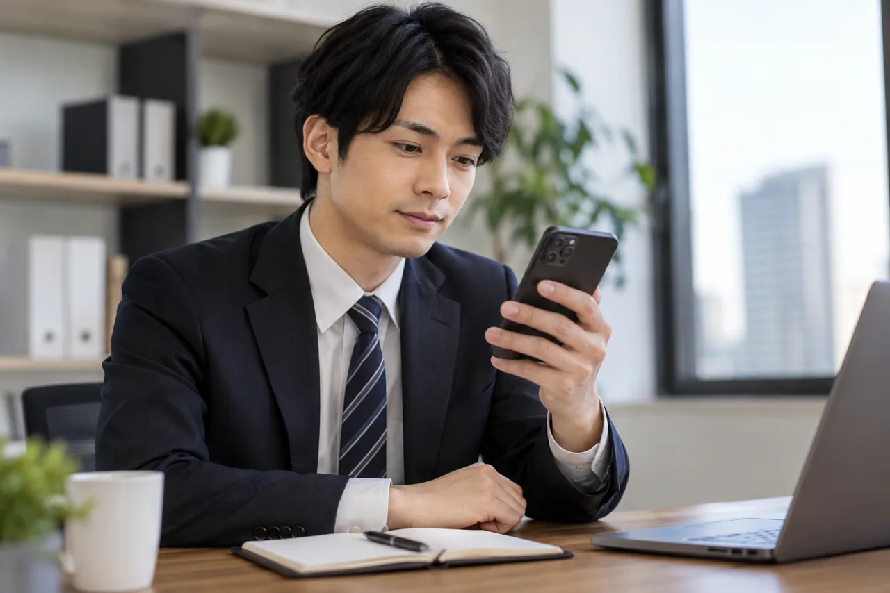 日本人の会社員がスマートフォンで飲み会の案内を確認する