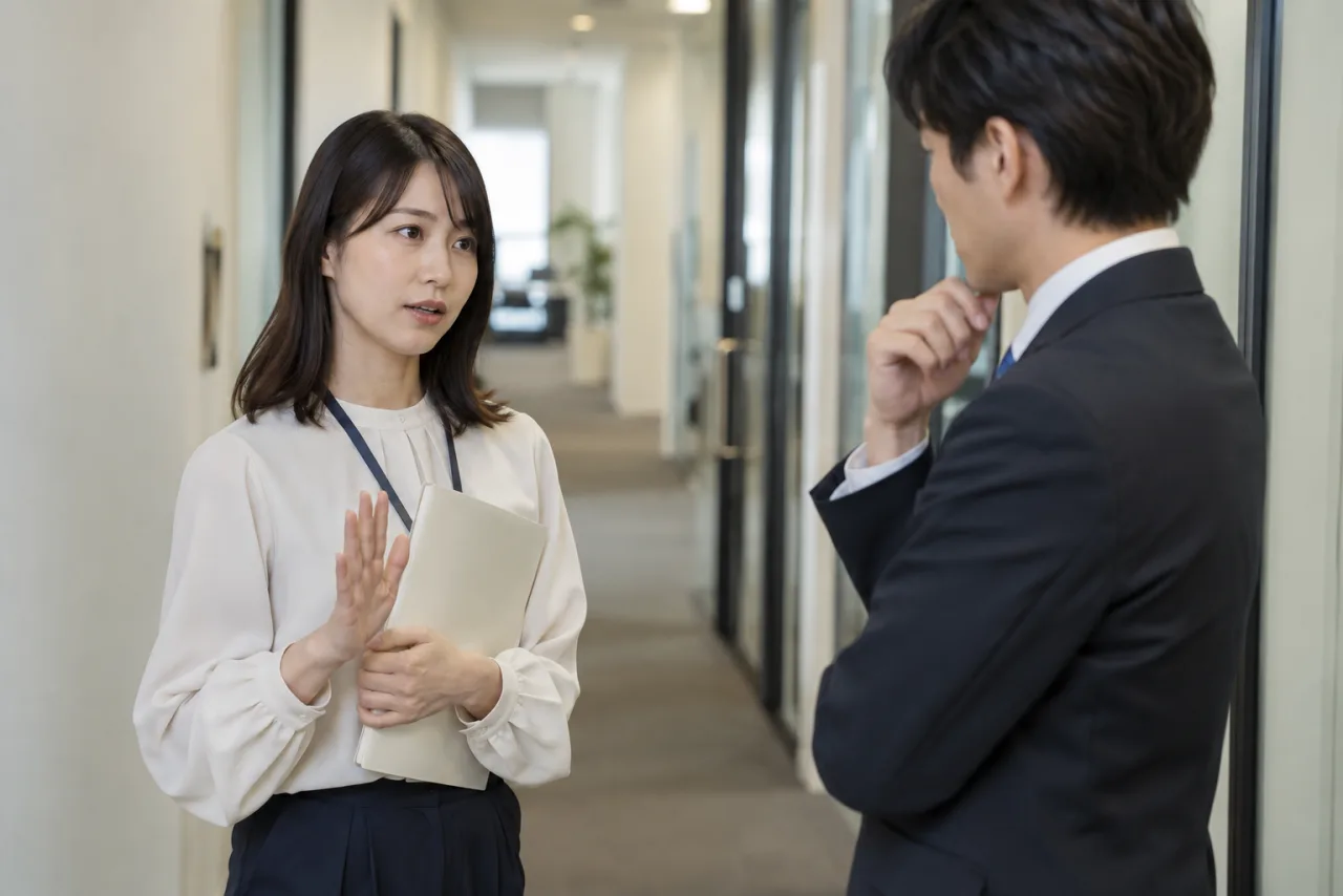 日本人の会社員が職場で飲み会の誘いを丁寧に断る会話をする