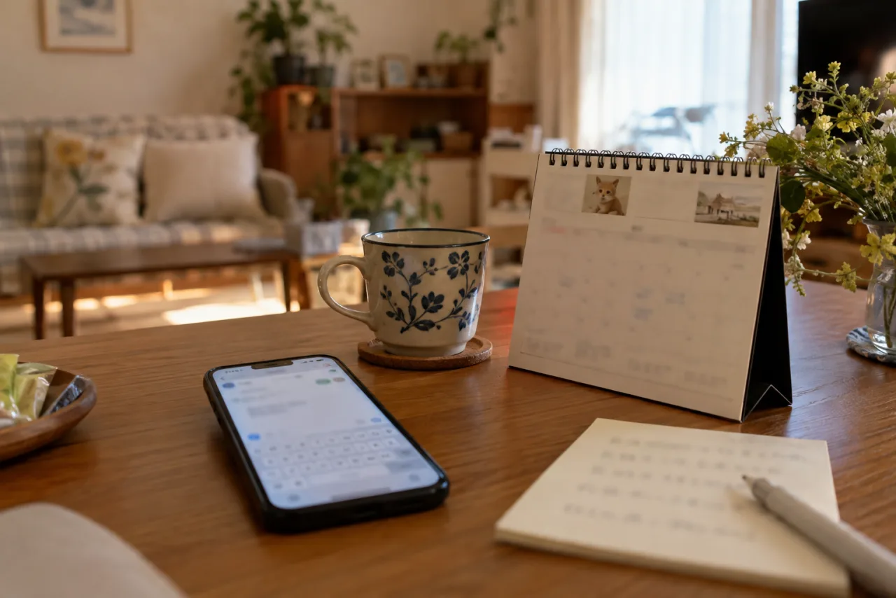 日本人女性がスマートフォンとカレンダーを見ながら短い返信を考える