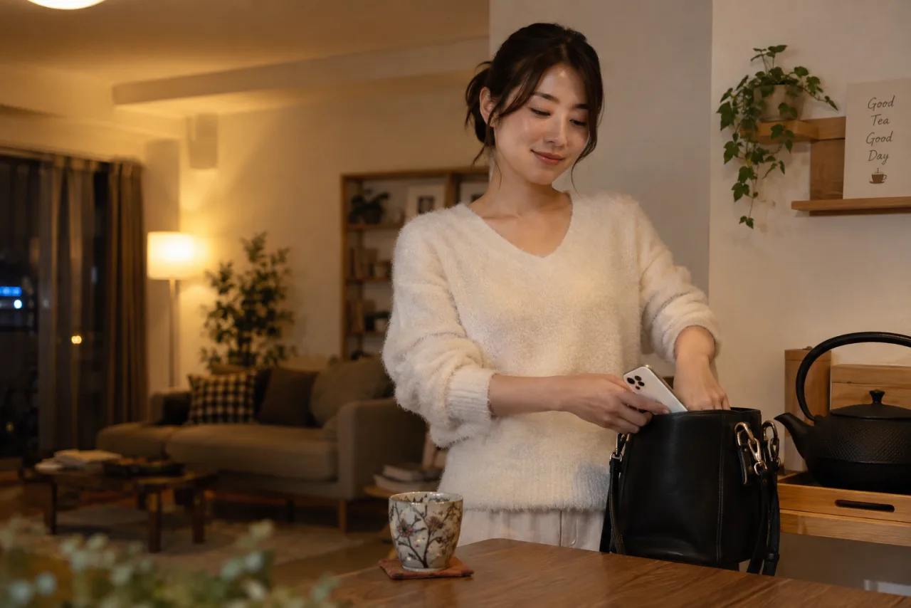 日本人女性が飲み会を断った夜に自宅でお茶を飲み穏やかに過ごす