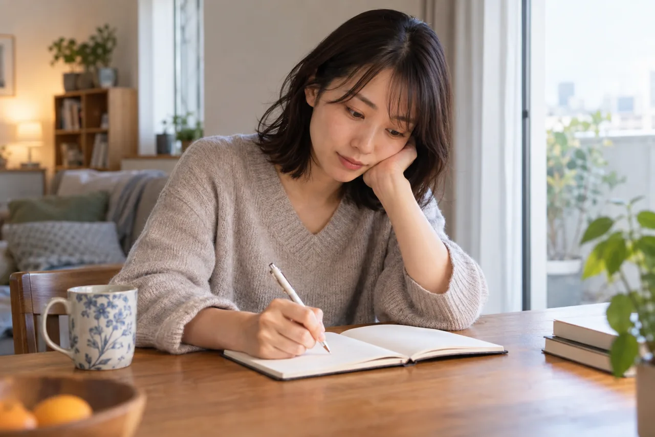 日本人女性が断りたい誘いと自分の予定をノートに整理している