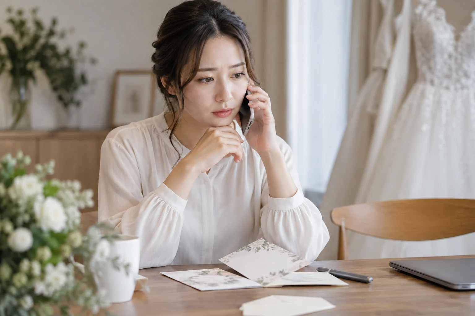 結婚式の主催者へ欠席の変更を連絡する日本人女性