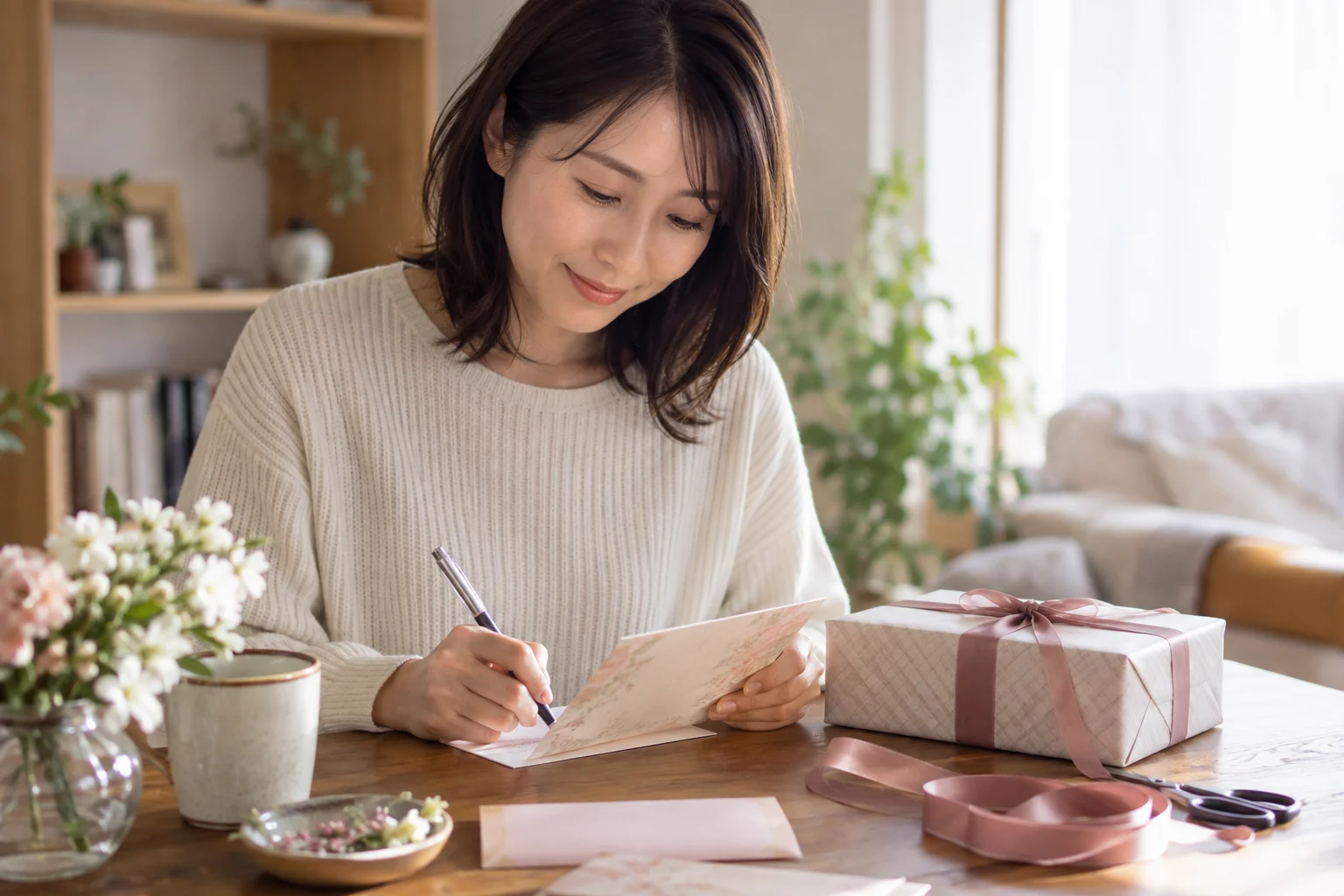 お祝いのメッセージカードと小さな包みを用意する日本人女性