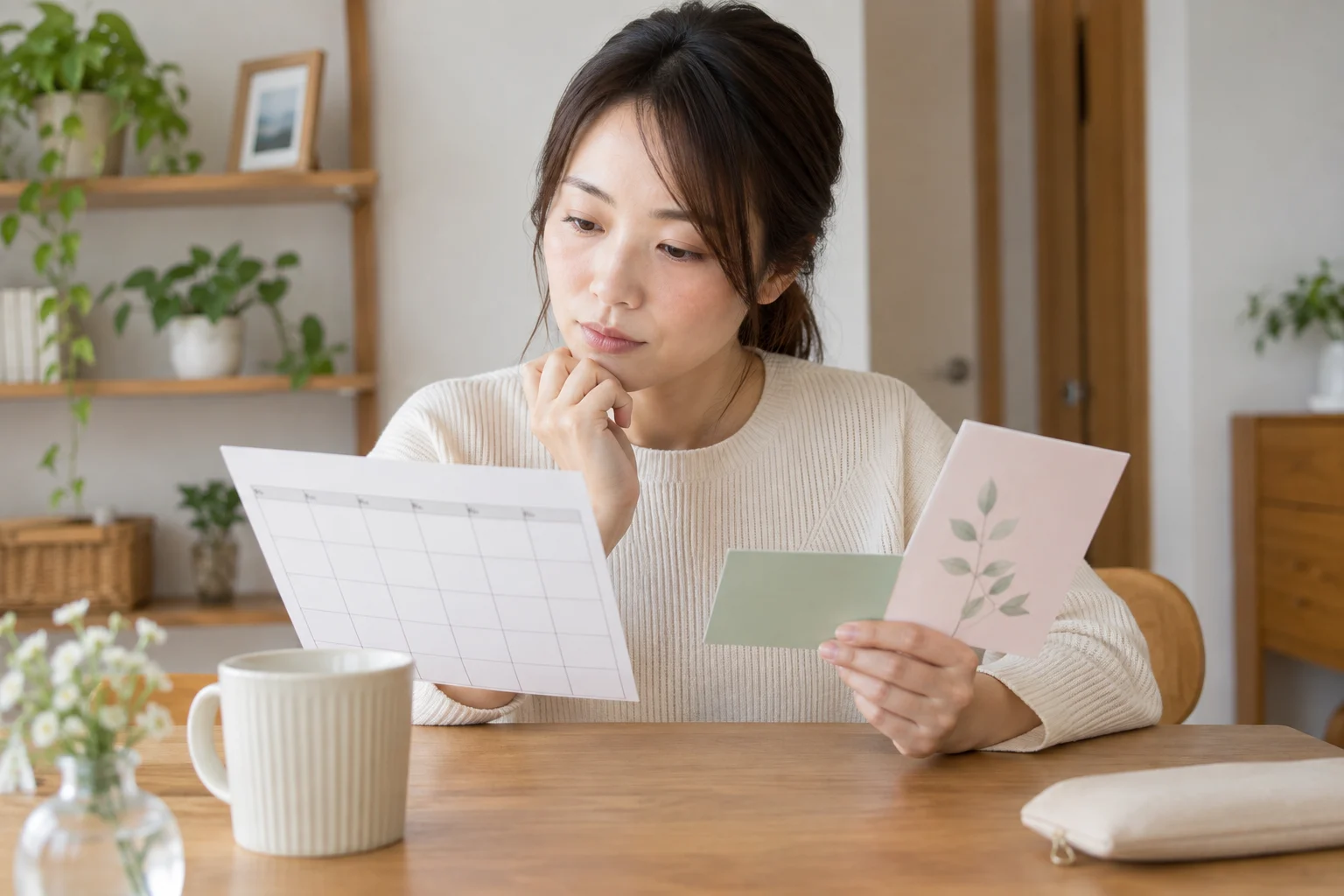 予定と体調と費用を白いカードに整理して結婚式への返事を考える日本人女性