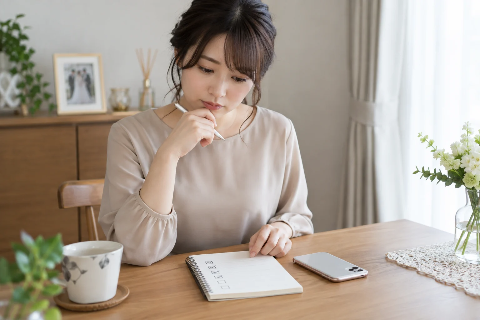 結婚式の欠席連絡を送る前にチェックリストを確認する日本人女性