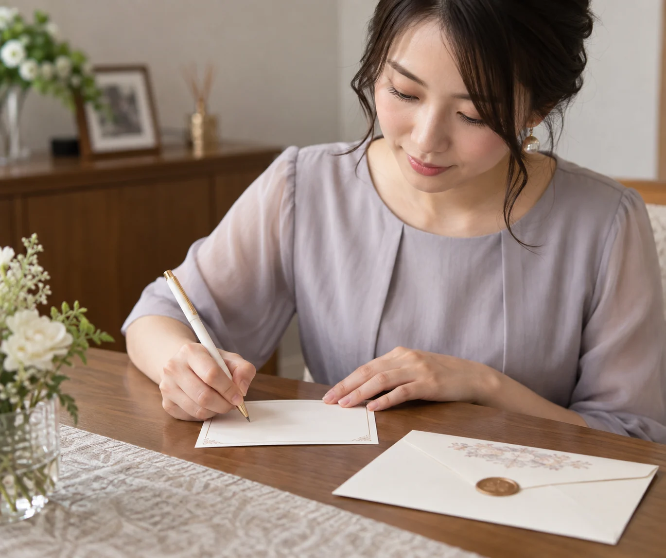 結婚式の返信はがきにペンを添えて確認する日本人女性の手元