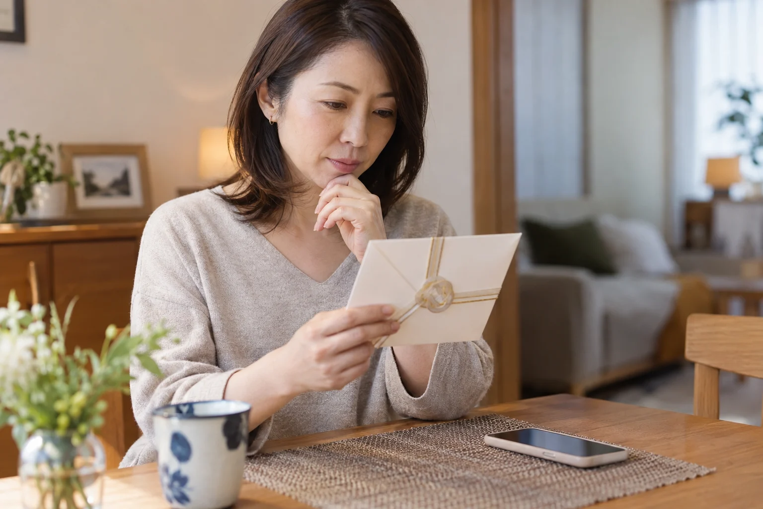 結婚式の招待状とスマートフォンを見て返事を考える日本人女性