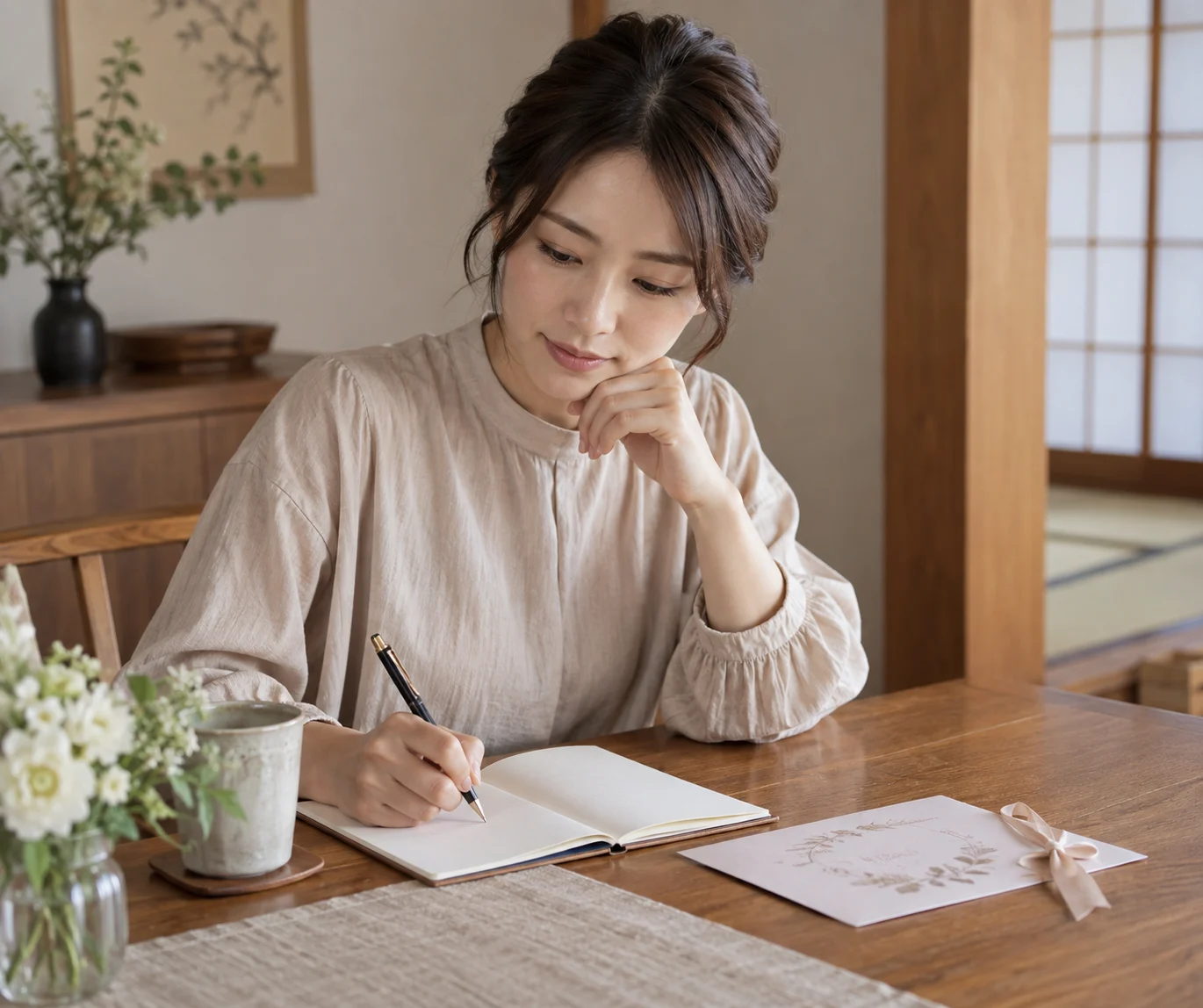 結婚式を欠席する理由を短くメモして確認する日本人女性