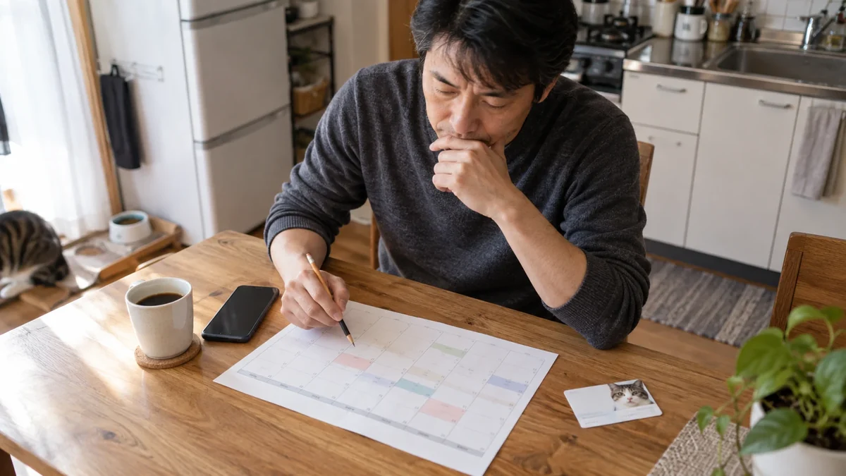 土曜の予定を紙に書き、誘いに使う時間を見直す裕介の編集イメージ