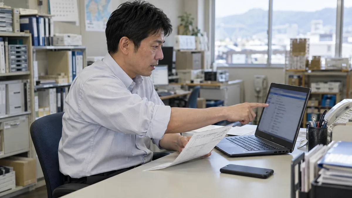 業務の連絡を会社のパソコンで確認し、個人のスマートフォンは置いている裕介の編集イメージ