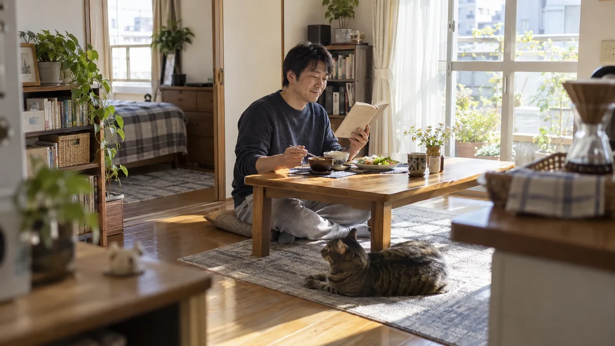 休日の昼に猫と過ごし、食事と読書の時間を取る裕介の編集イメージ