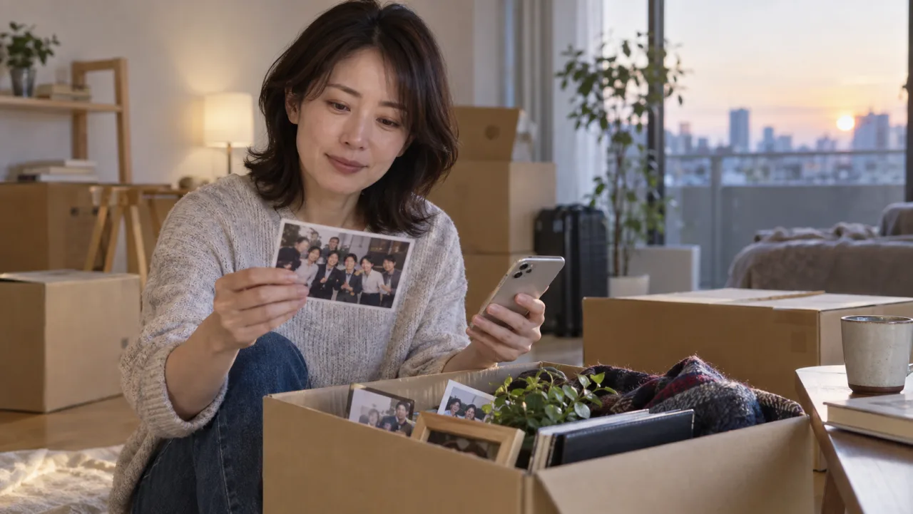 引っ越し後の部屋で日本人女性が写真とスマートフォンを見ながら人間関係の変化を振り返っている様子