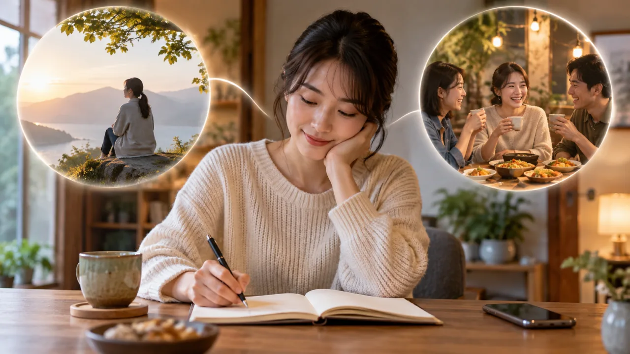 日本人女性がノートに一人の時間と人とつながる時間を整理している様子