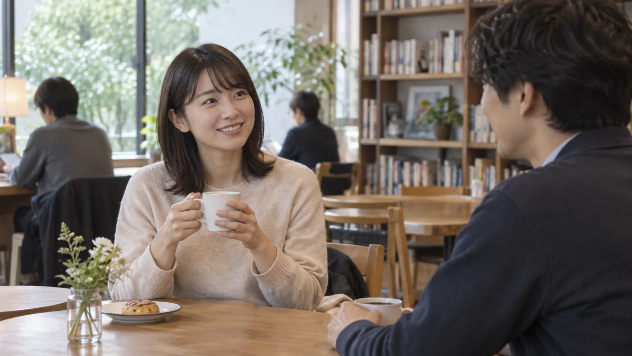 日本人女性が電話で落ち着いて自分の連絡頻度の希望を伝えている様子