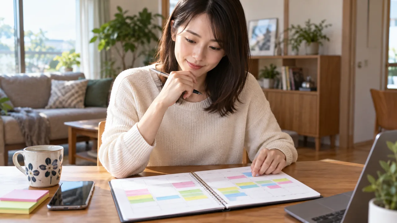 日本人女性が明るい図書館のような場所で別の人と無理のない距離で話している様子