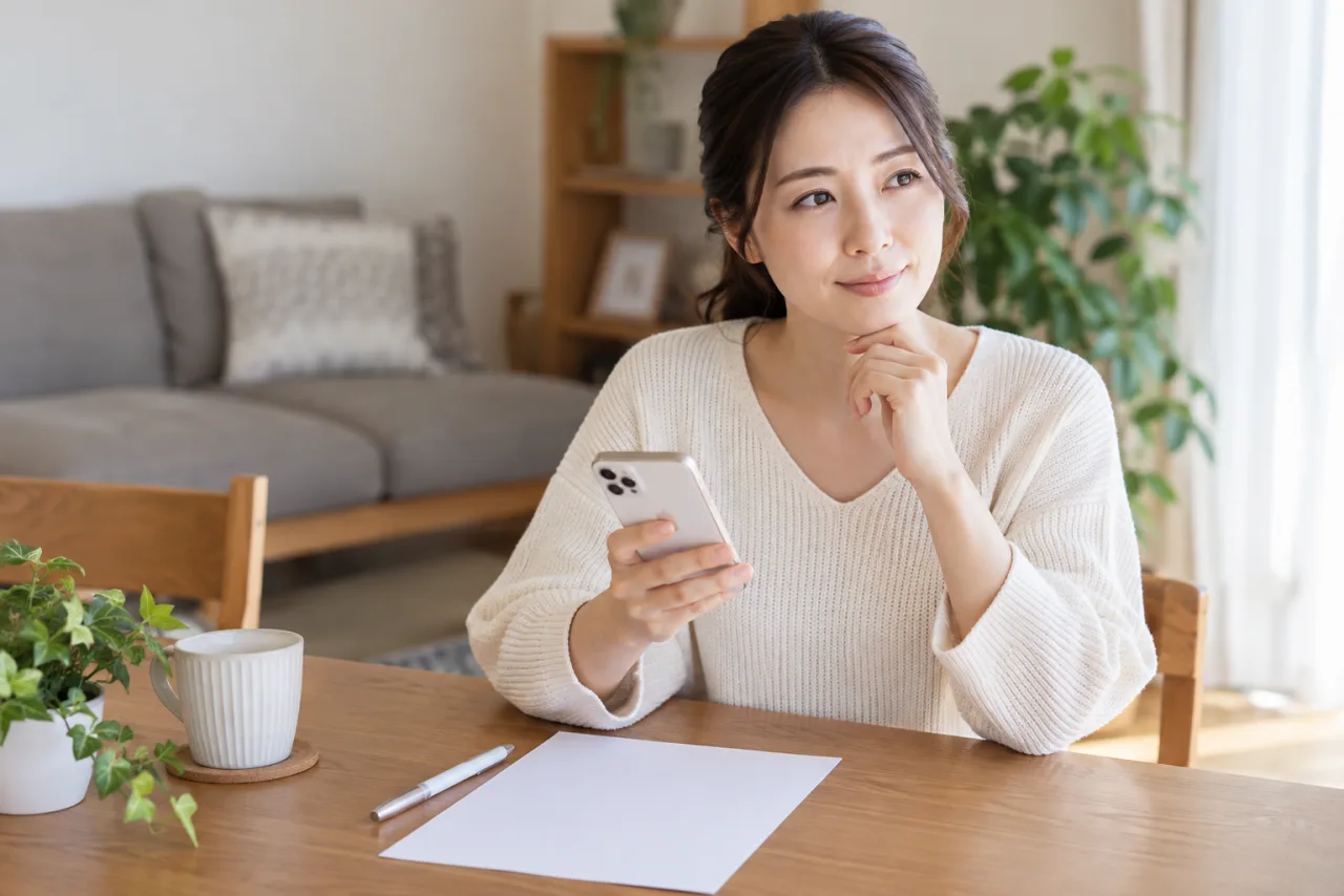 日本人女性が相談窓口の案内を見ながら助けを求める準備をしている