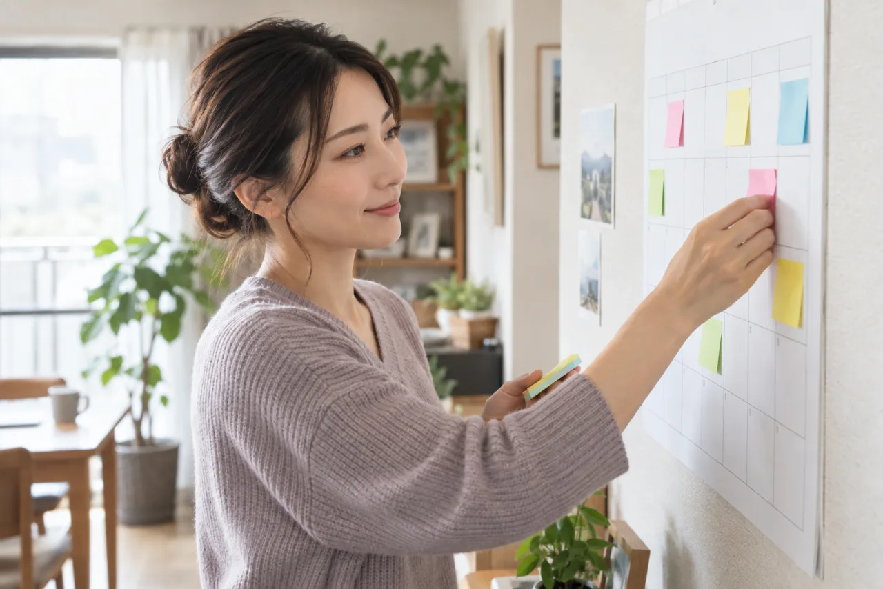 日本人女性が一週間の人間関係の距離調整を予定表へ書いている