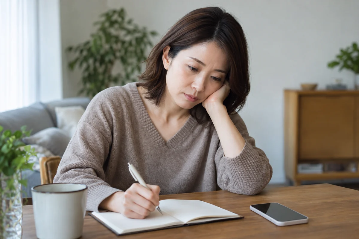 SNSを見た時間と疲れ方をノートに記録する日本人女性の編集写真