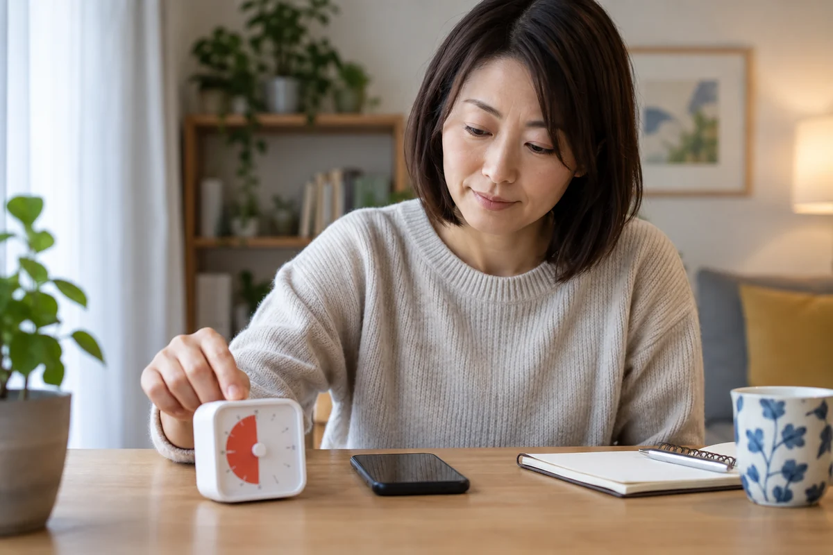 SNSを見る時間をタイマーで区切る日本人女性の編集写真