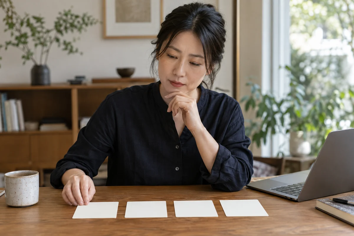 SNSとの距離を四つの選択肢で整理する日本人女性の編集写真