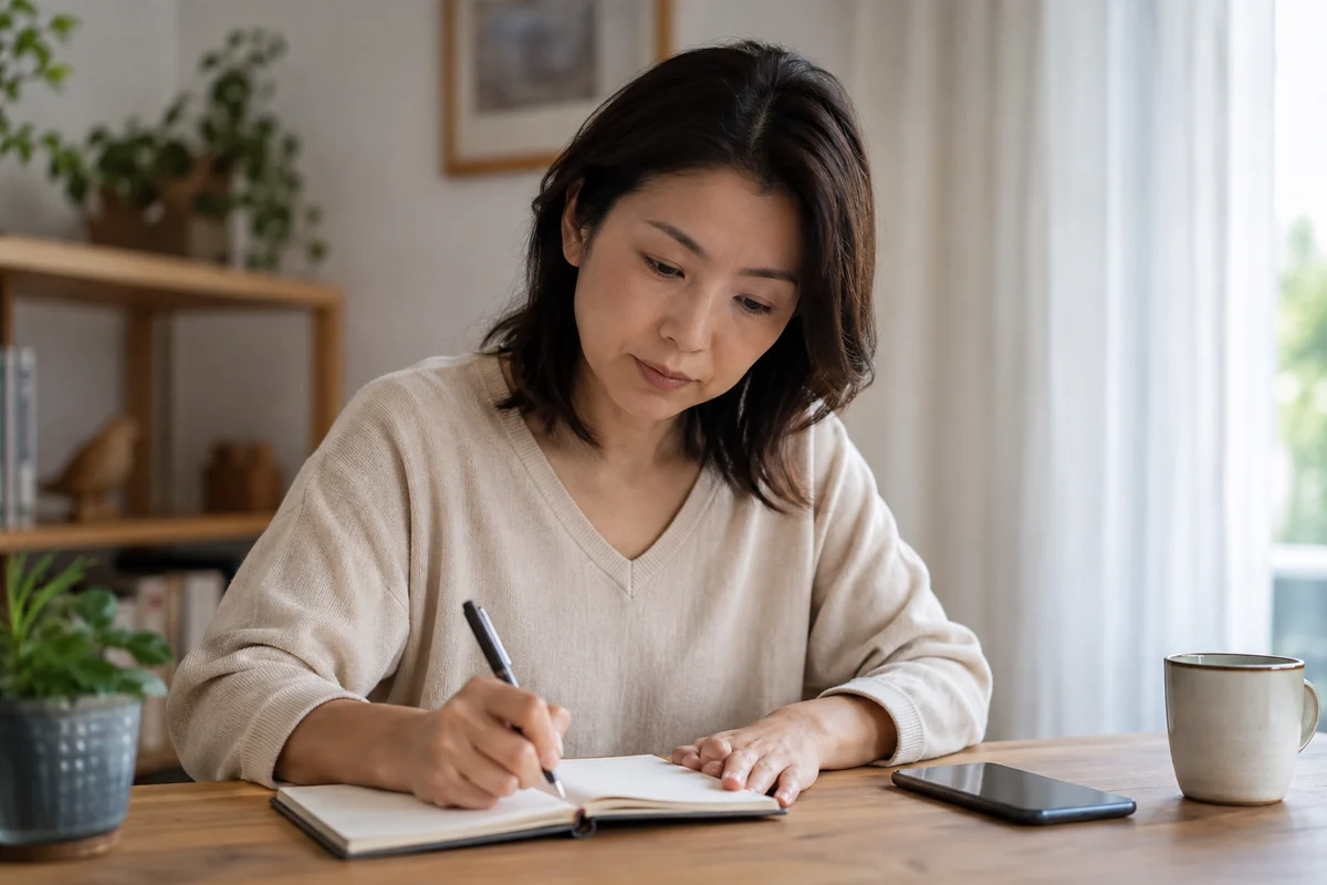 SNSの返信を急がない短い文をノートに準備する日本人女性の編集写真