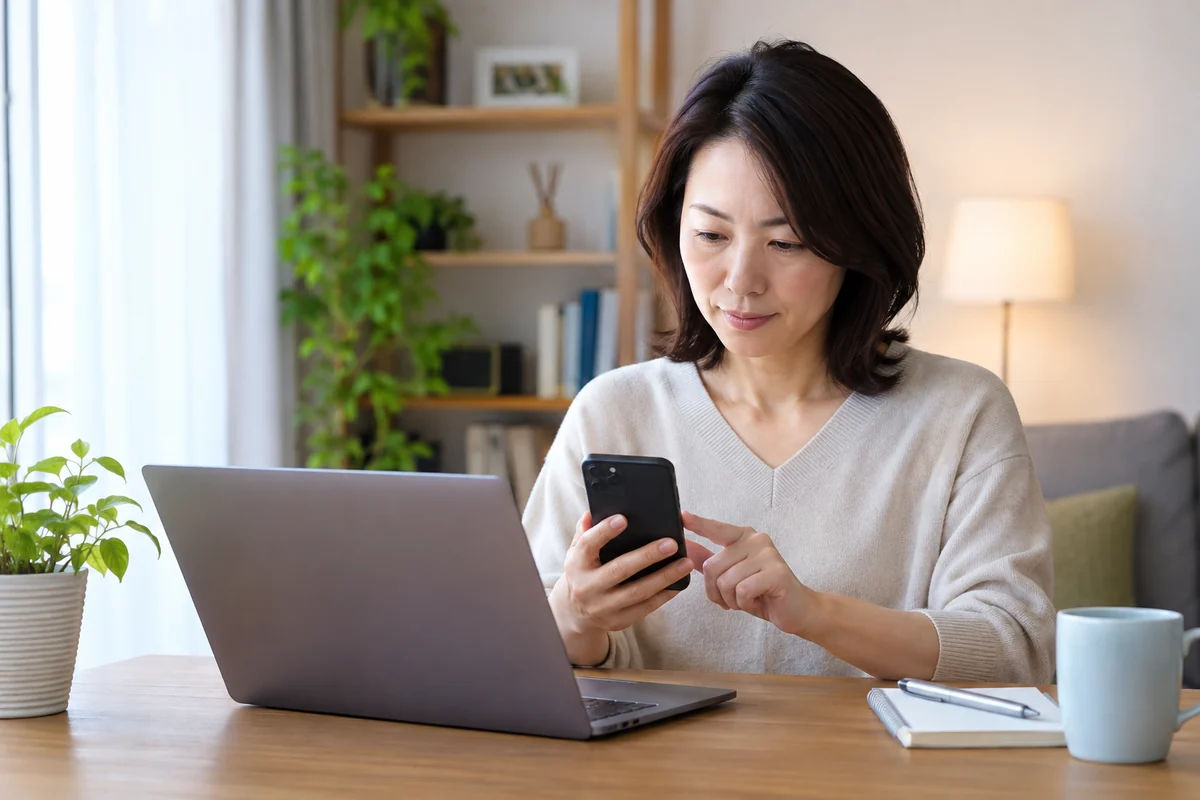 SNSを休む前に個人情報と安全設定を確認する日本人女性の編集写真