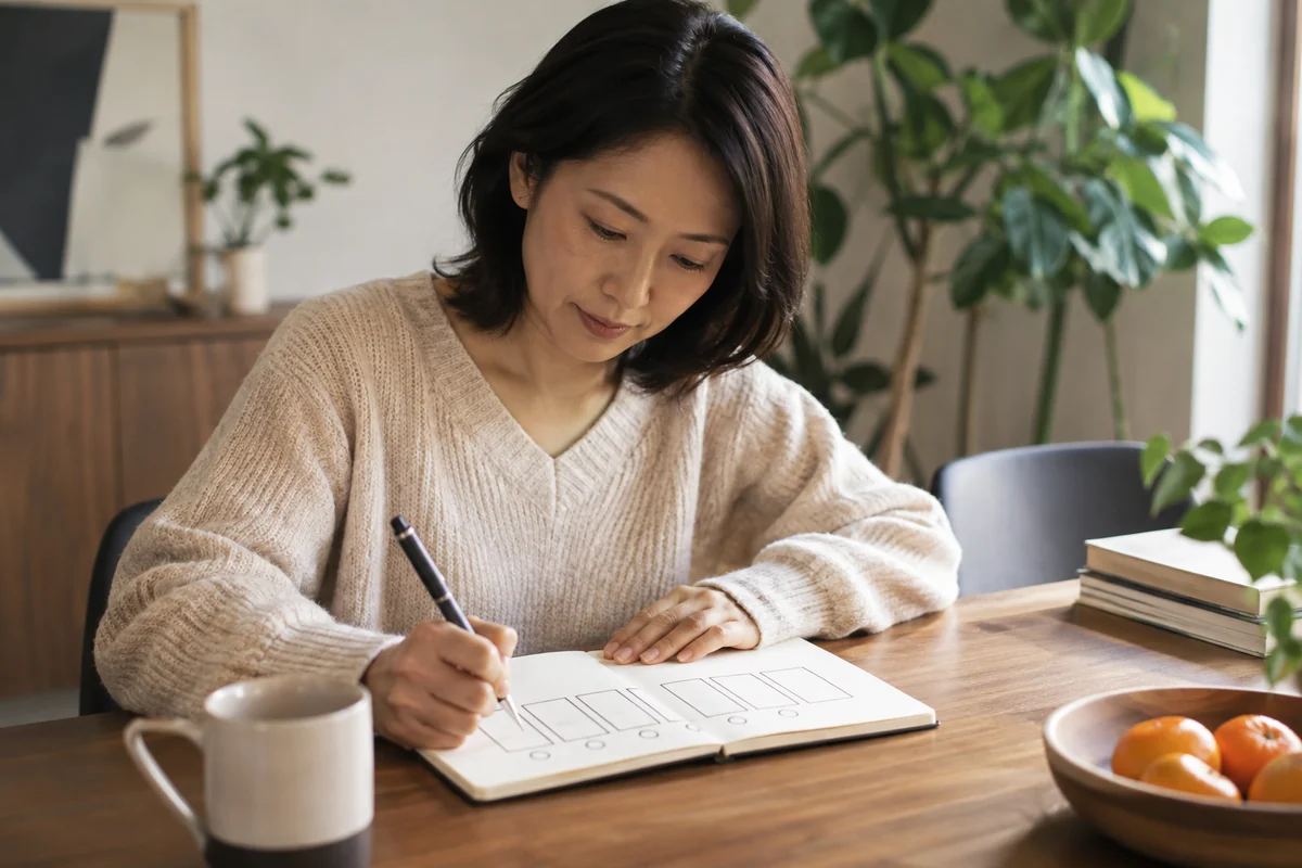 SNSの通知と距離を七日間の計画に書き込む日本人女性の編集写真