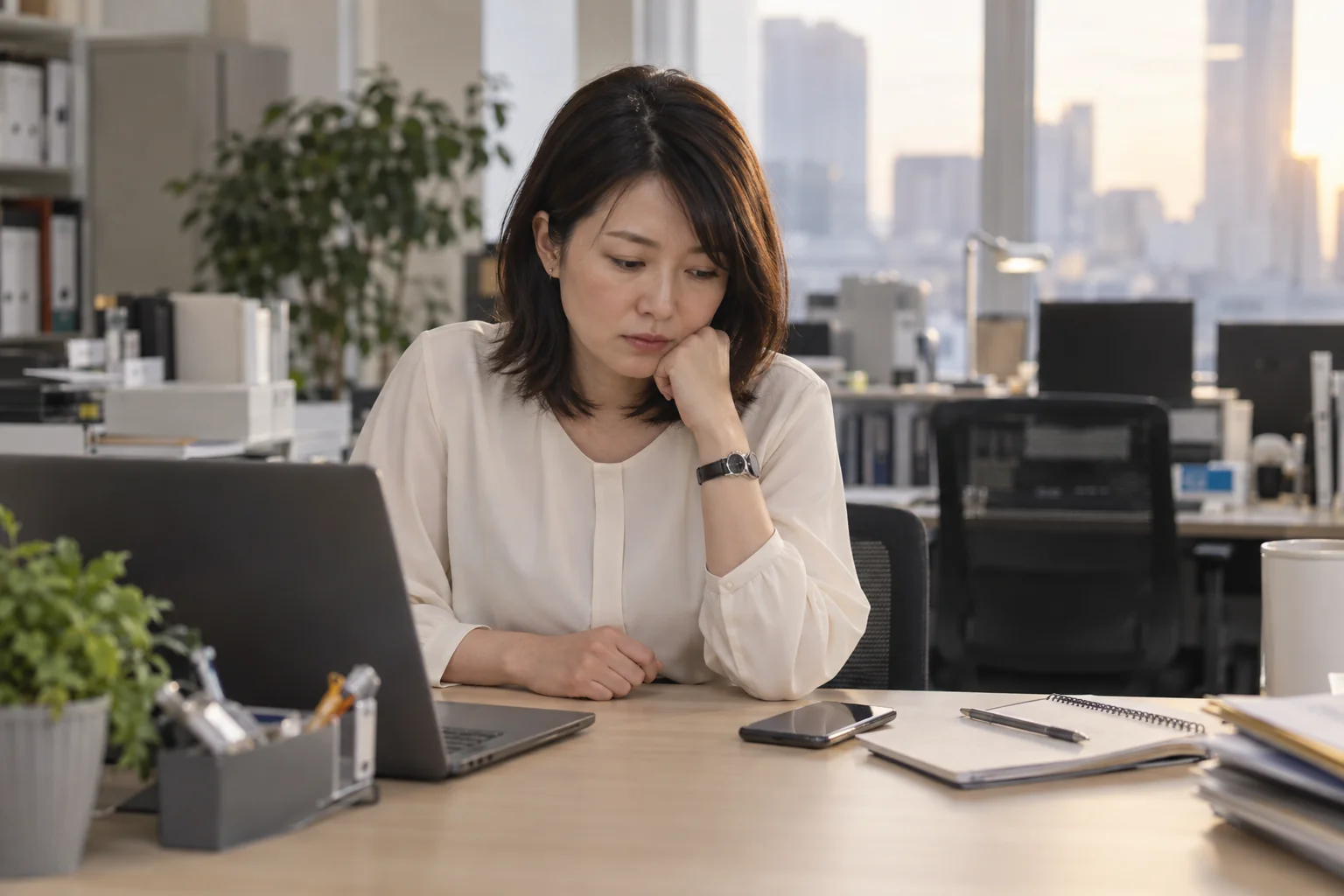 職場で短い返信を見て手を止める日本人女性