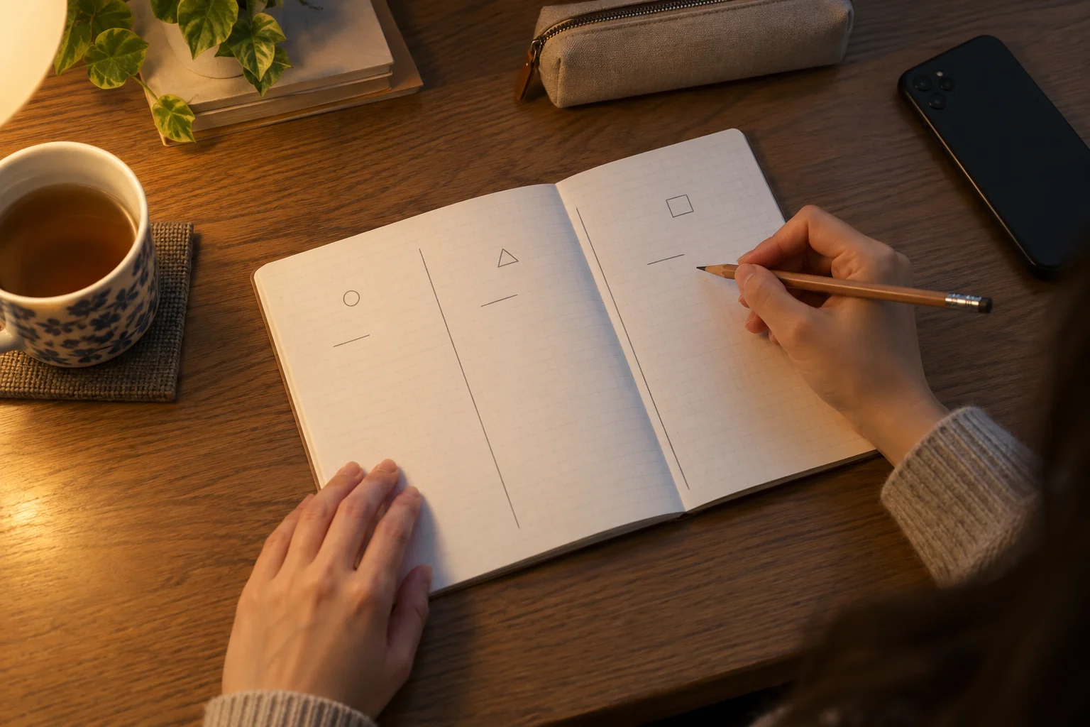 ノートに三つの欄を作って気になる出来事を整理する手元