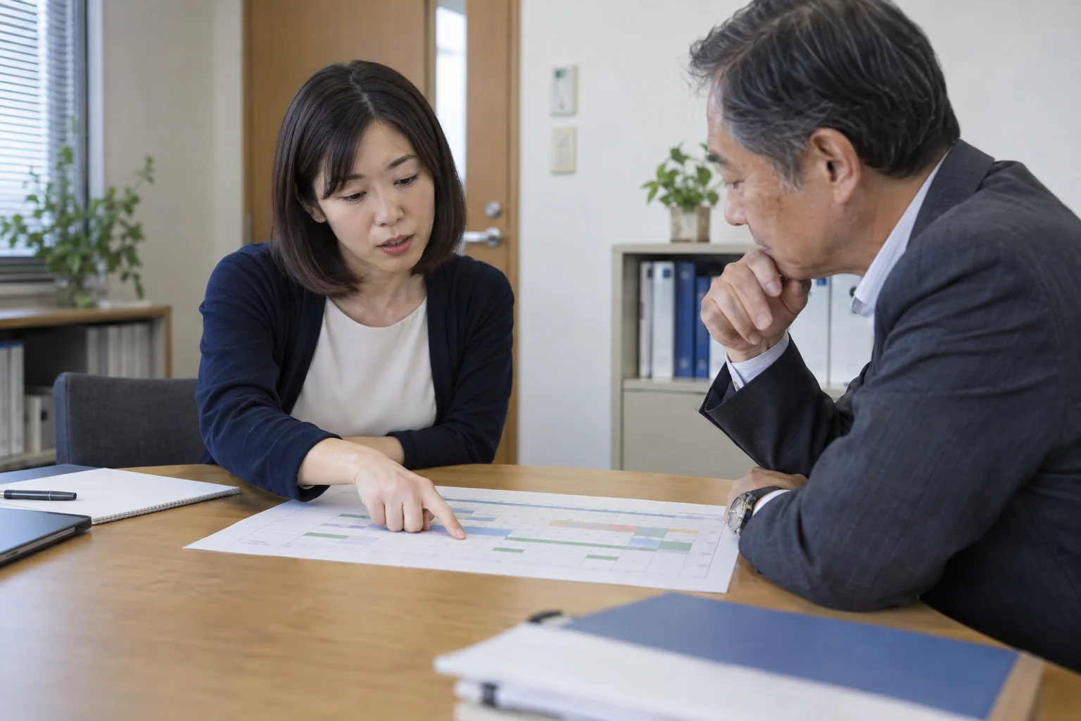 資料の予定表を指して担当と期限を確認する職場の二人