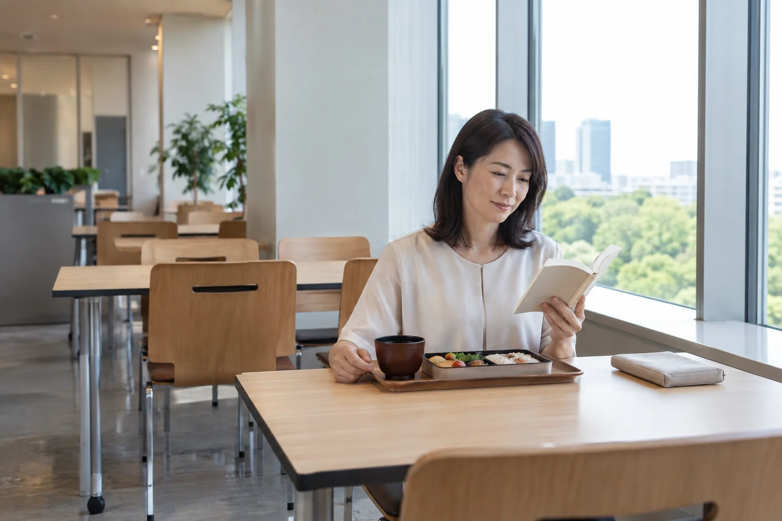 職場の昼休みに一人で食事と読書をする日本人女性