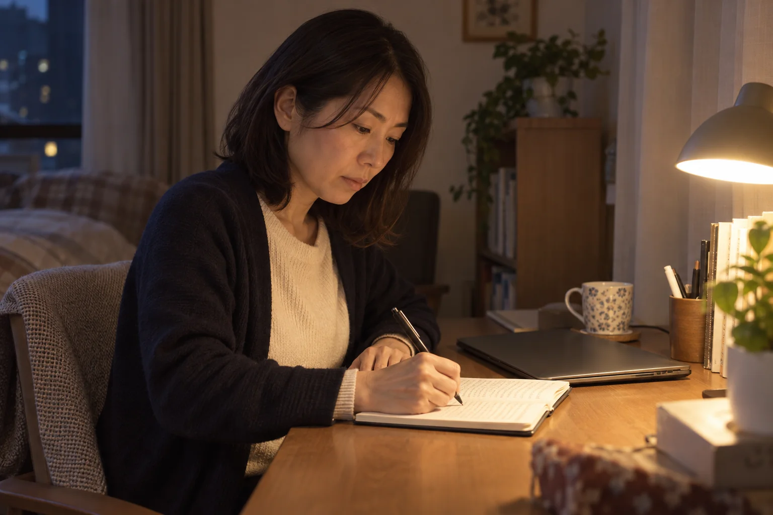 職場で気になった出来事を自宅のノートに記録する日本人女性