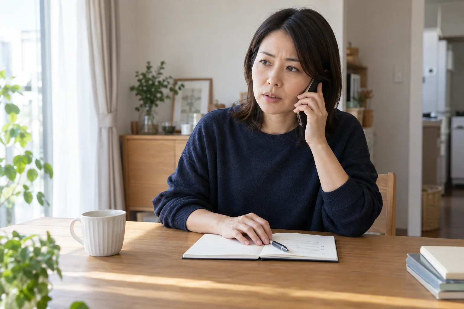 ノートを開いて職場の悩みについて電話相談する日本人女性