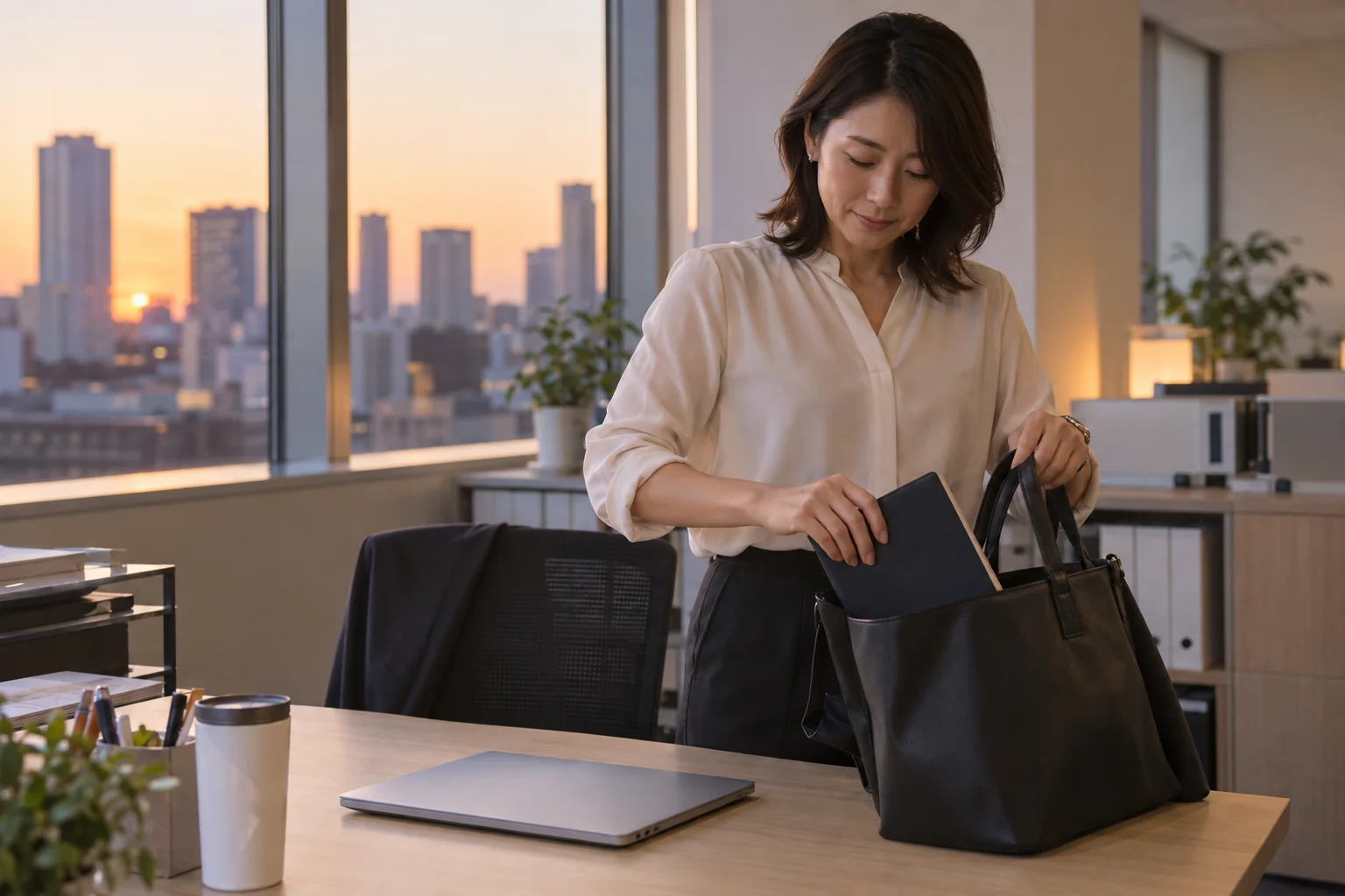 仕事のノートを鞄にしまい退勤する日本人女性