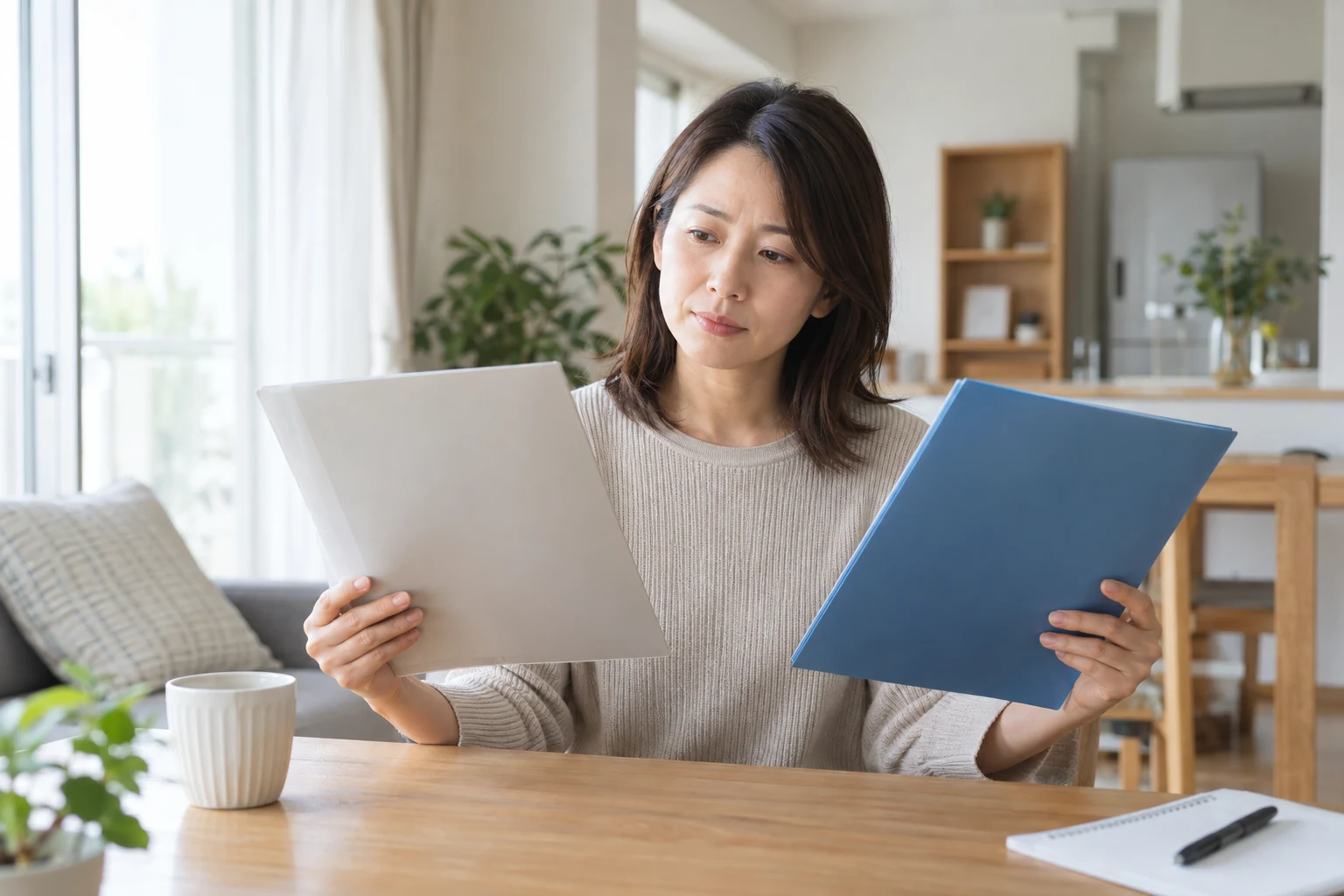 日本人女性が退職後の生活費と保険の確認項目を書き出している
