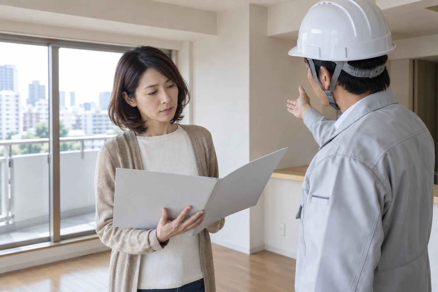 日本人女性が中古マンションの建物状況調査報告書を確認する