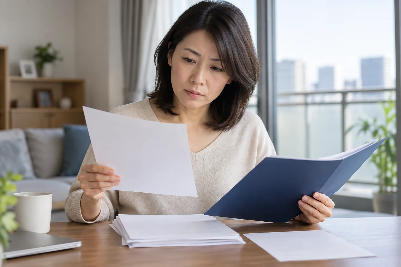 日本人女性が中古マンションの管理費と修繕積立金の資料を確認する
