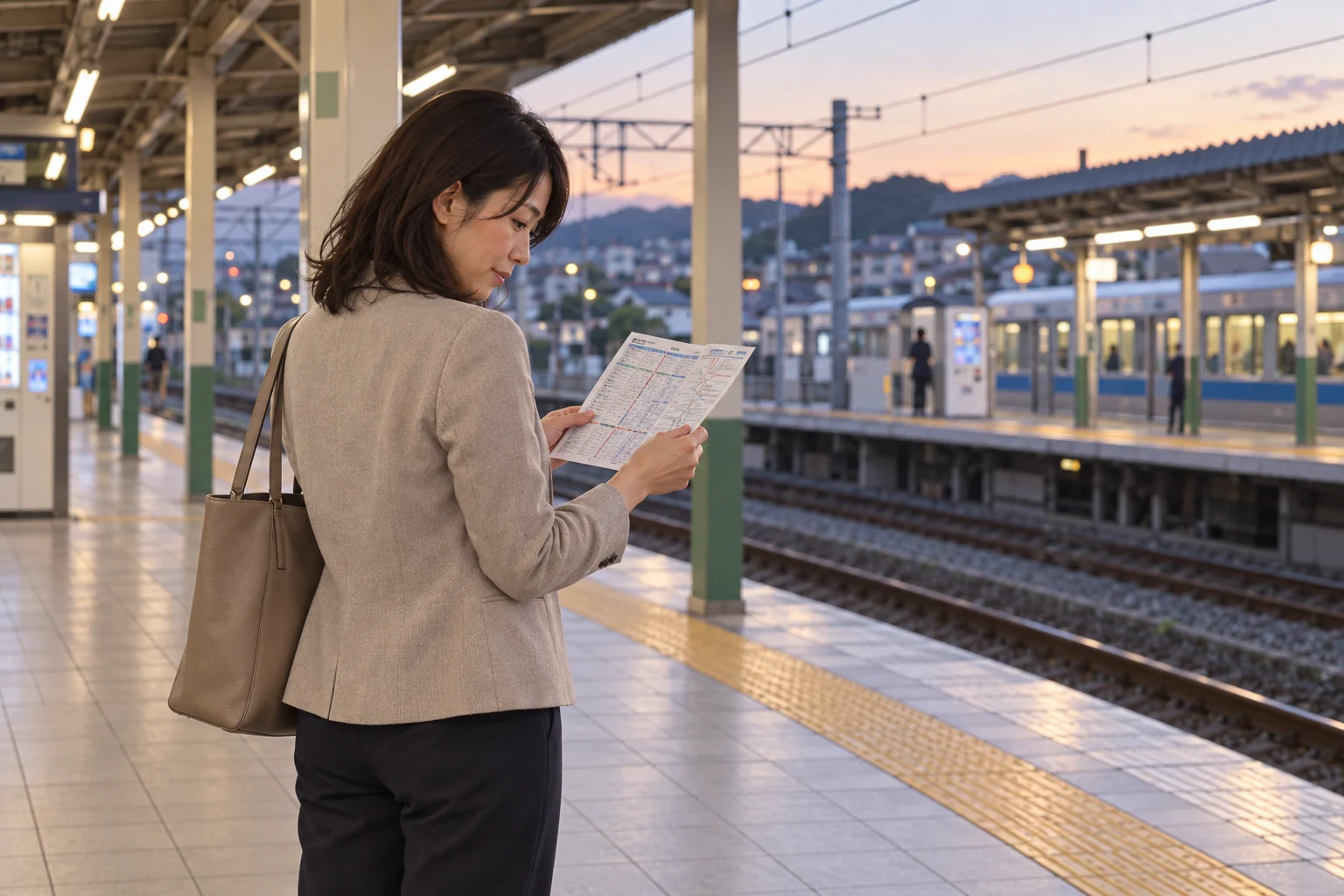 婚活で会える相手を考える前に、駅のホームで移動可能な距離を確かめる架空の日本人女性
