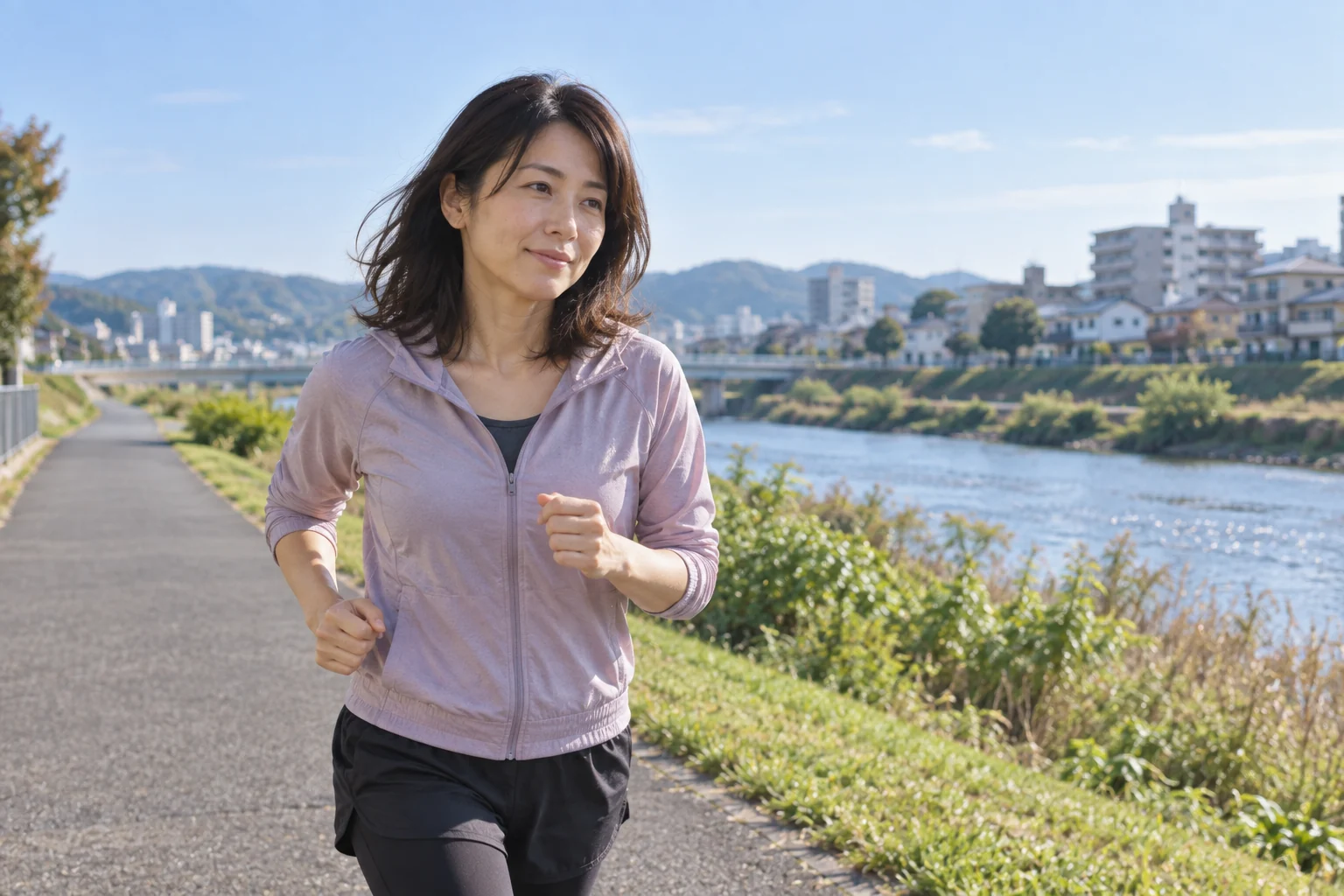 婚活に合わせて休日を全部埋めず、神奈川の街の川沿いを走る架空の日本人女性
