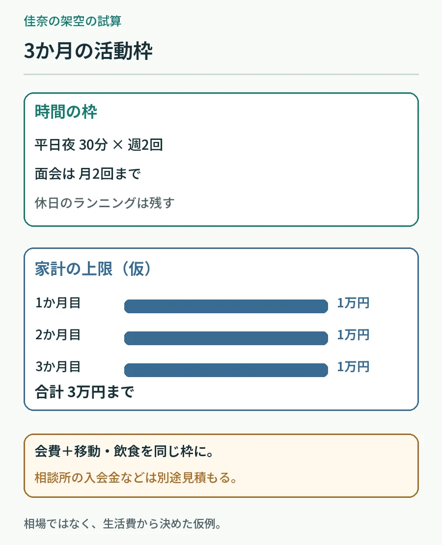 架空の佳奈の平日夜週2回と月2回の面会、月1万円の仮予算を3か月で並べる図